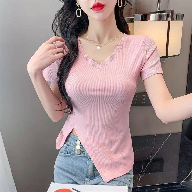 

2022 NEW FASHION WOMEN Summer women's V-neck short-sleeved casual solid color top 2022