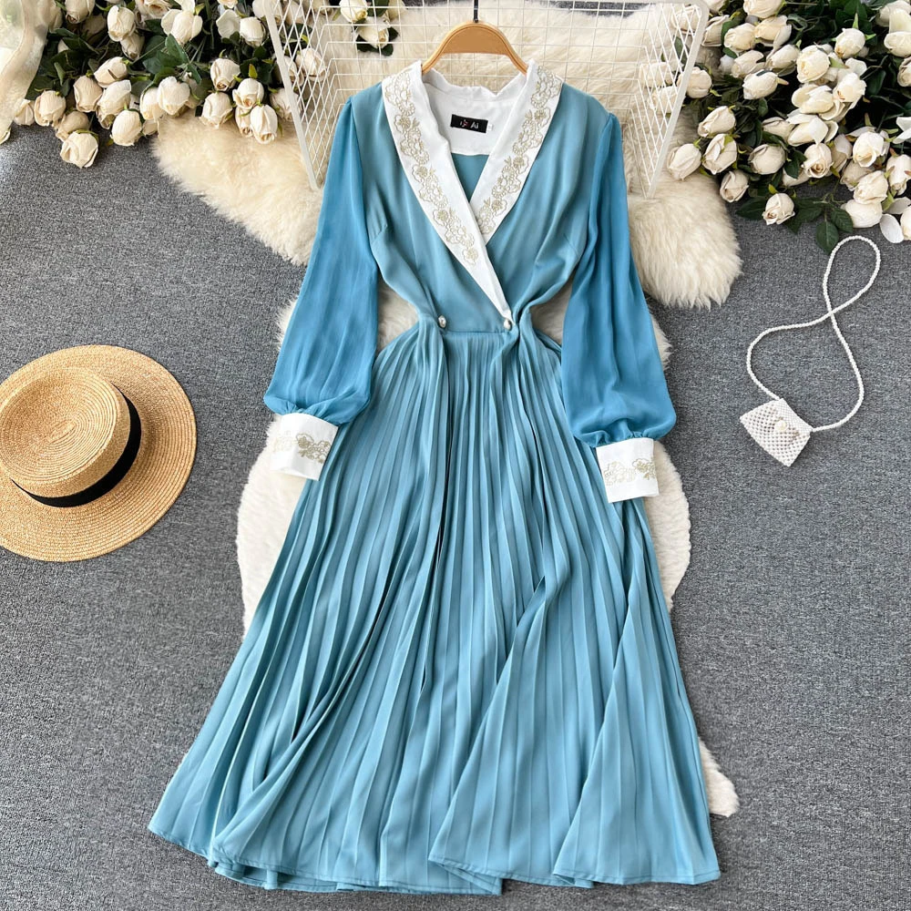 

Clothland Women Chic Baby Blue Pleated Dress Embroidery Long Sleeve High Waist A Line Casual Office Midi Dresses Mujer QB656