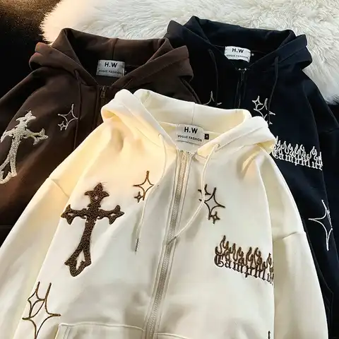 Women Retro Embroidery Hoodies Hip Pop High Street Harajuku Jacket Zip Up Hoodie Female Y2K Casual Loose Long Sleeve Sweatshirt