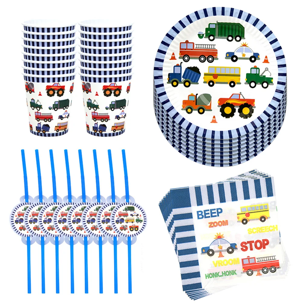 

Paper Tableware Party Plates Birthday Traffic Transportation Car Napkins Lunch Jam Dinner Vehicle Water Supplies Cup Straws