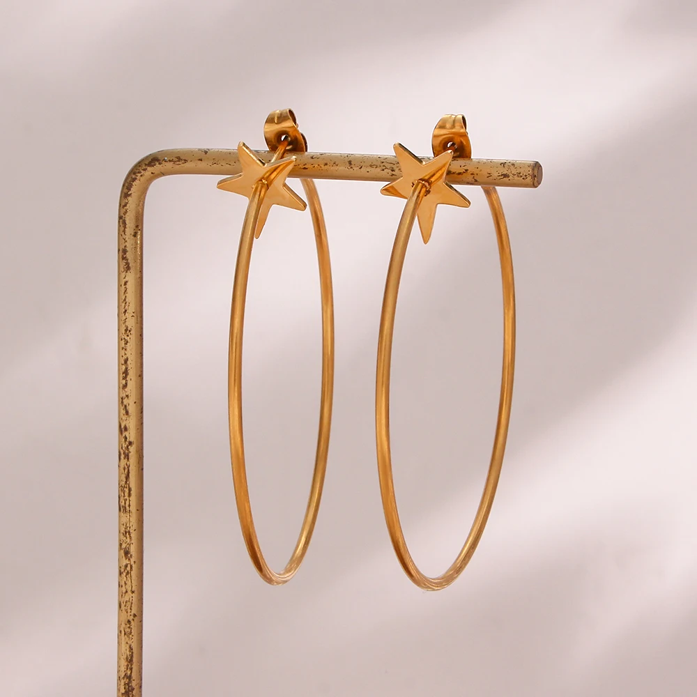 

18K Gold Plated Stainless Steel Large Star Hoop Earrings For Woman Hypoallergenic Thin Big Round Loop Earrings Jewelry
