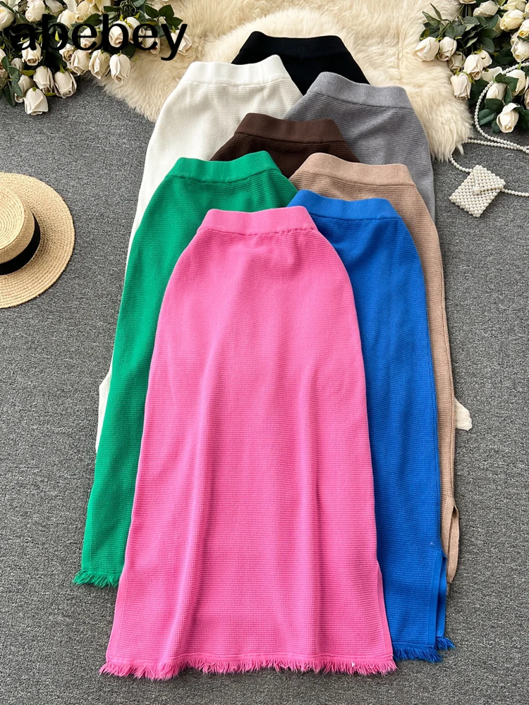

Осенняя однотонная вязаная юбка с разрезом, облегающая юбка в стиле High Street с эластичным поясом и кисточками, дизайнерская Милая женская юбка-свитер ярких цветов
