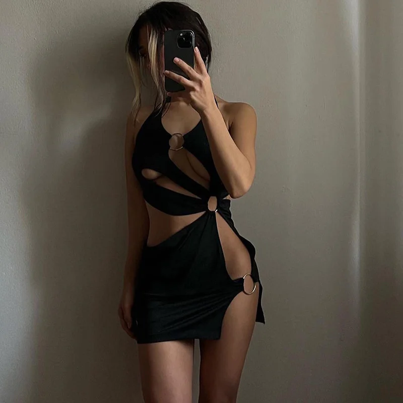 

Zoctuo Elegant 2022 Summer Women's Dresses Fashion Hollow Outfits Clothes Sexy Navel Exposed Neck Backless Mini Dress Vestidos