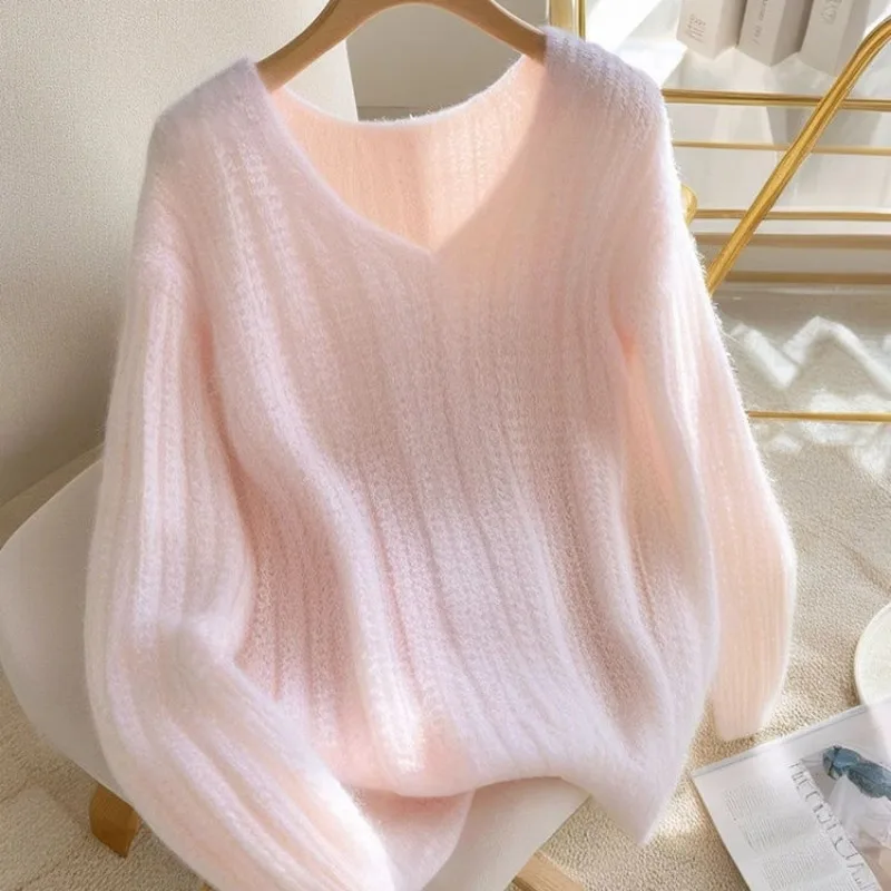 Розовые вязаные пуловеры с v-образным вырезом женские осенне-зимние простые