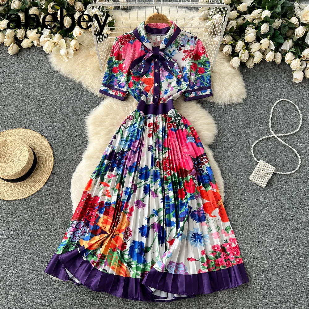 

Print Shirt Dress Woman Ruffle Short Dresses For Women 2022 Bow Vintage Midi Dress Short Sleeve Casual Dresses