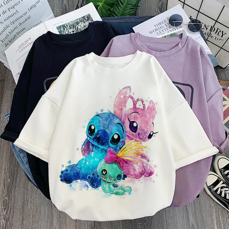 

Stitch Disney Kawaii Print T-shirt Women Harajuku Aesthetics White Tops Casual Tshirt 2022 New Summer Fashion Y2k Female T Shirt
