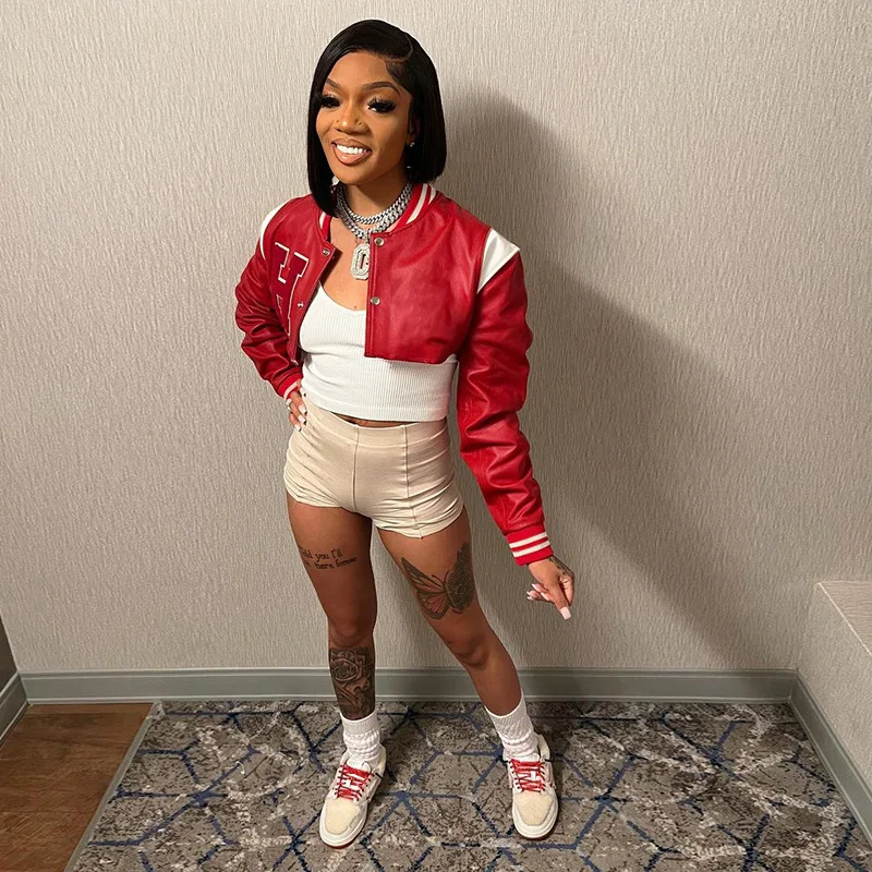 Autumn Jacket Female New Street Trend Hip-Hop Color Collision Leather Cut Short Embroidered Baseball Suit