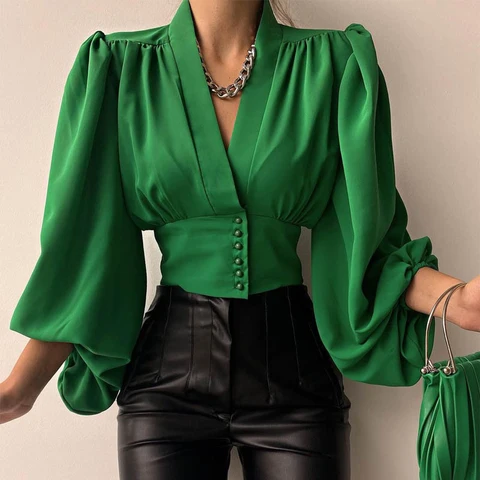 Creatingtime Fashion Woman Blouses 2023 V-neck Lantern Sleeve Patchwork Printing Pleated Button Shirt Spring Winter New LH453