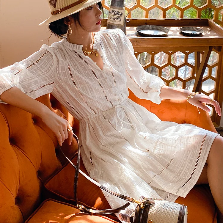 

TEELYNN Cotton Lace Short Dress Women Vintage White Floral Embroidery Mini Dress Puff Sleeve Spring Ladies Party Vestidos 2022