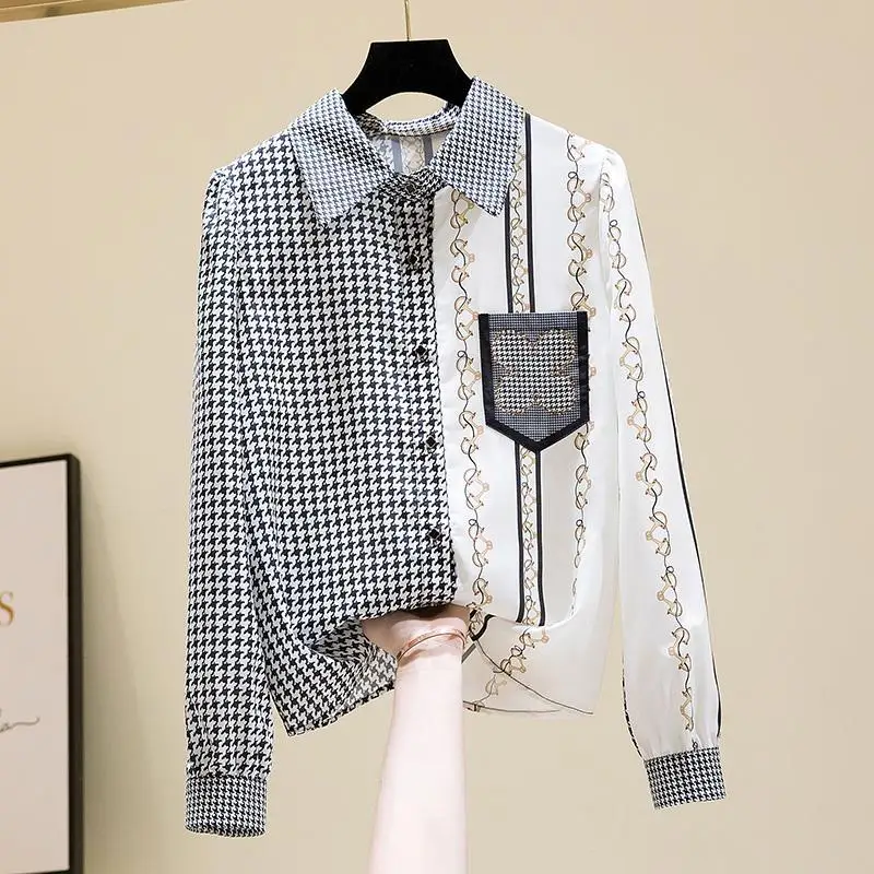 

2022 Spring Autumn New Retro Houndstooth Color Matching Striped Long sleeve Shirt Women's Korean Casual Thin Top