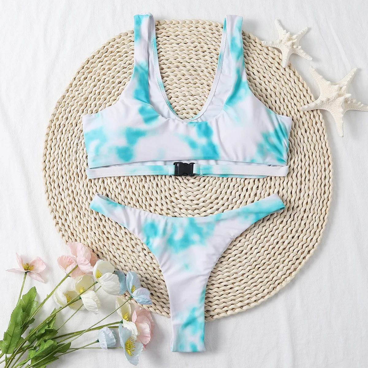 

2022 White Swimwear Two Piece Outfits for Women High Waist Gathered Sexy Buckle Body Bikini Swimming Suit Beachwear