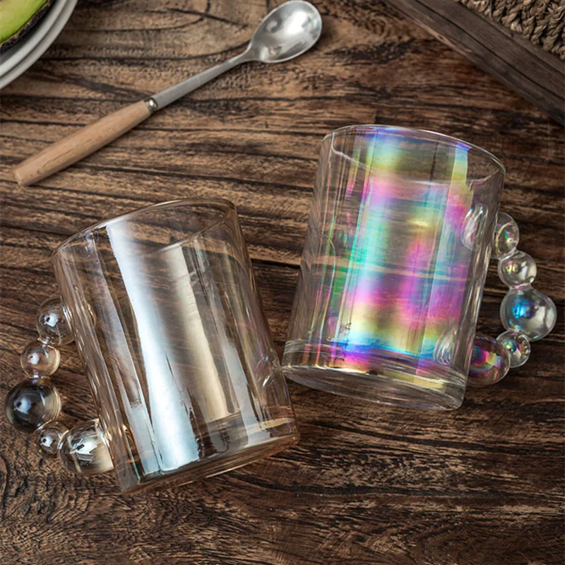 

1Pc 300ml Glass With Bead Shape Handle Milk Coffee Mugs Creative Home Drinking Glasses
