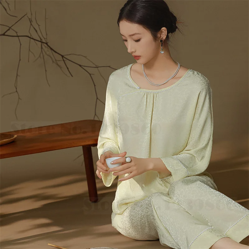 Пижамный комплект Женский в китайском стиле жаккардовые атласные брюки