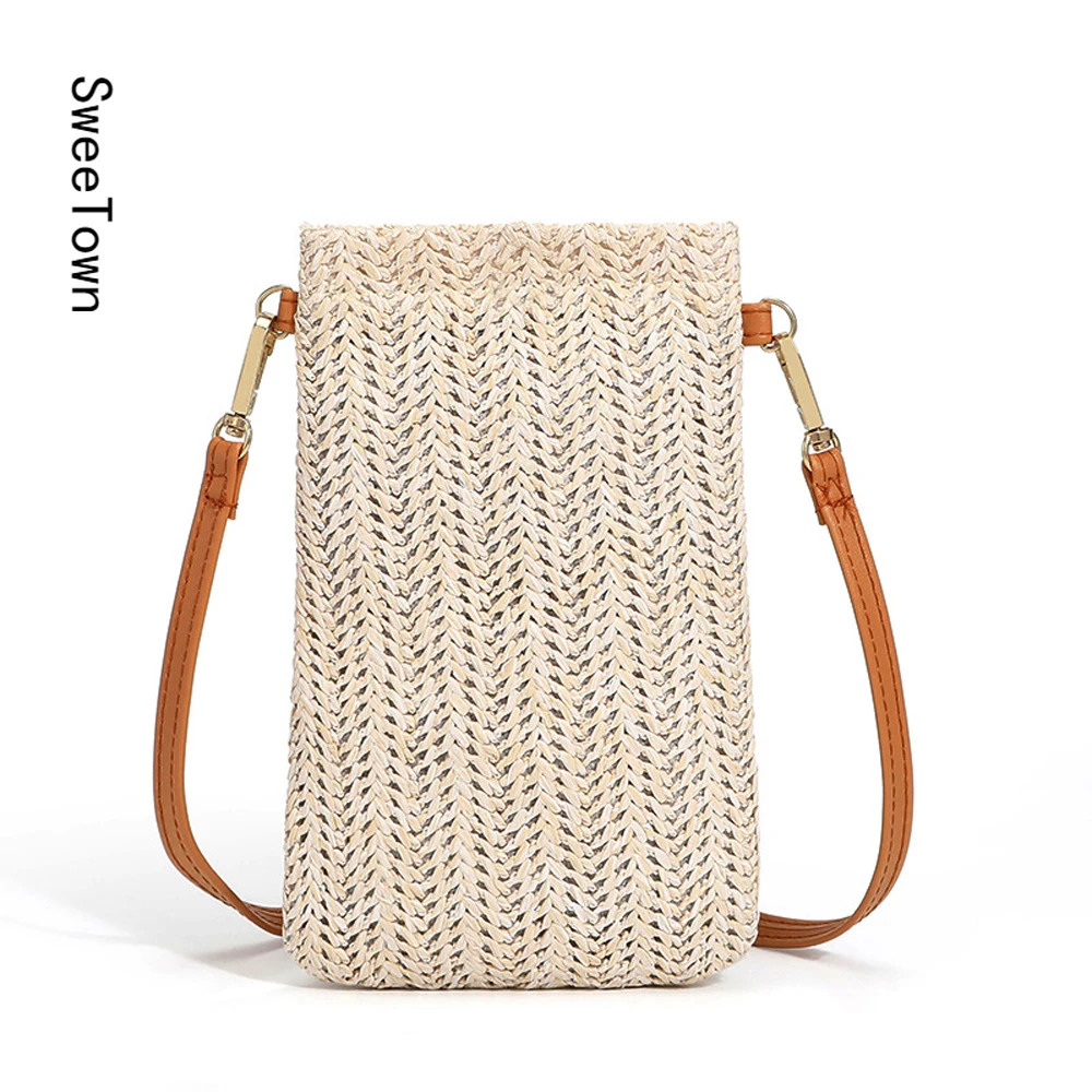 

Sweetown Summer Beach Bag 2022 Ladies All-match Shoulder Messenger Bag Straw Woven Mobile Phone Bag Designer Purse And Handbag