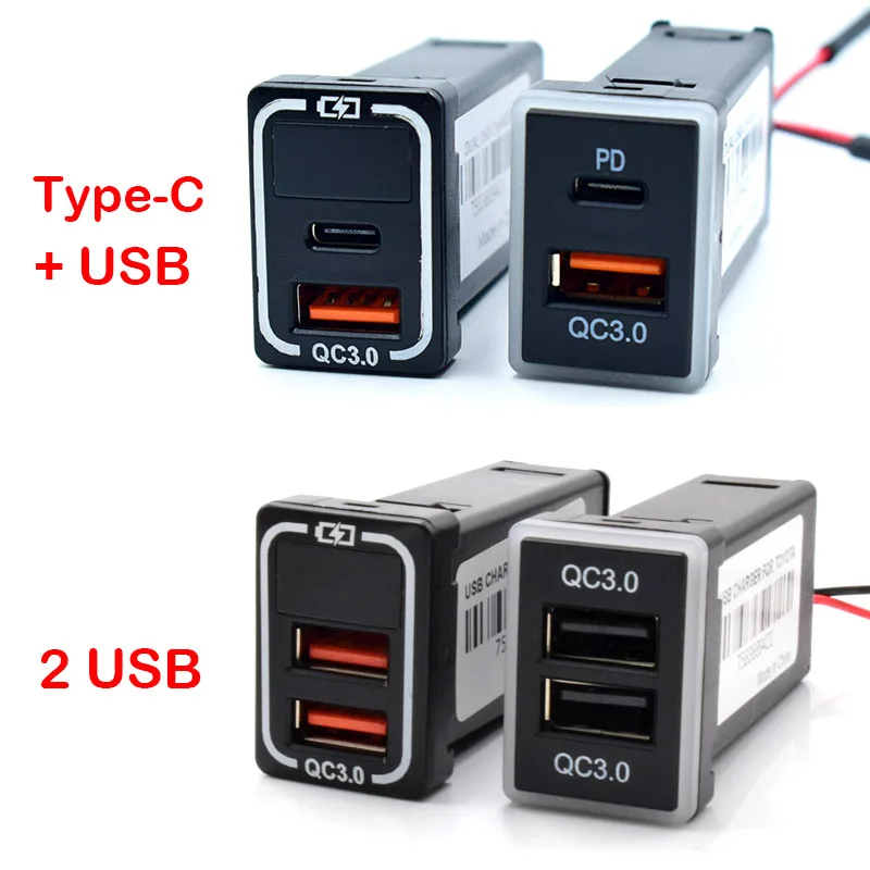 Фото Тип-C PD Dual 2 USB QC3.0 Адаптер быстрого автомобильного зарядного устройства для мобильного телефона со светодиодным вольтметром для Toyota Camry Land Cruiser RAV4 Corolla №1