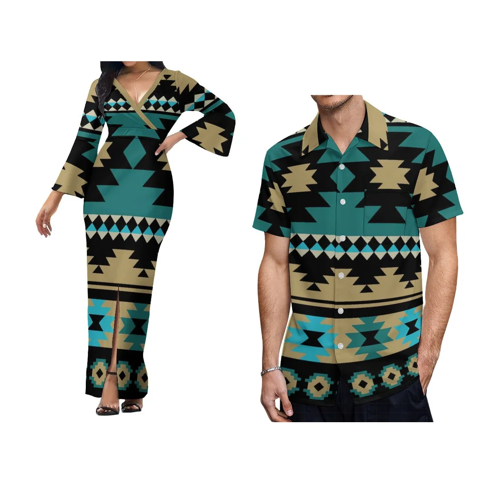 Hawaiian Islands Custom Couple Set Women'S Tight Skirt Men'S Shirt Polynesian Art Print Temperament V-Neck Slit