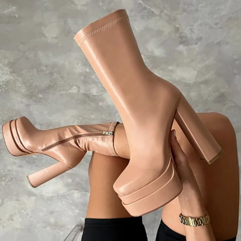 Top Quality Brand Double Platform Women's Boots Zipper Ankle Booties High Heels Party Dress Vintage Office Woman Shoes