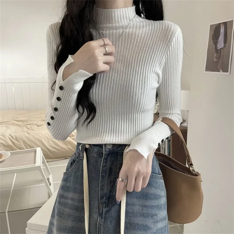 Новинка осень/зима Универсальный свитер-поло с высоким воротом трикотажный Топ