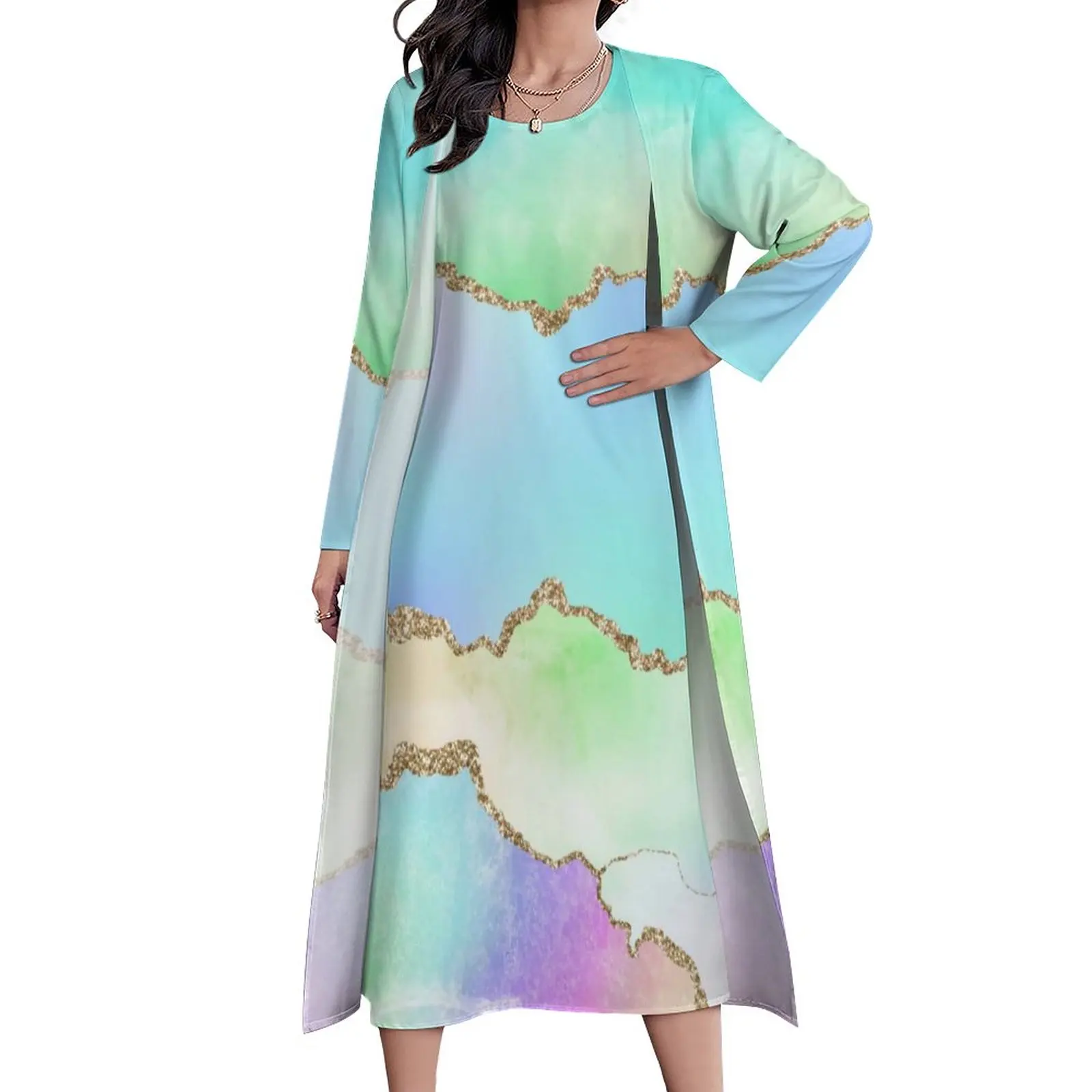 

Metallic Texture Dress Long Sleeve Ombre Marble Print Korean Fashion Bohemia Long Dresses Vintage Maxi Dress Birthday Present