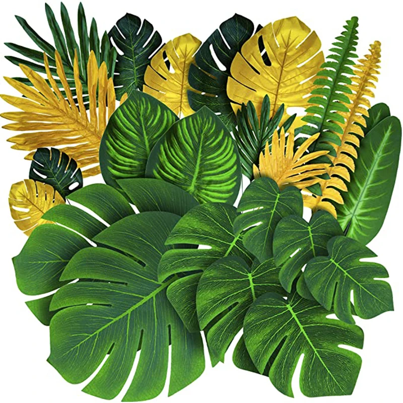 

Artificial Palm Leaves for Jungle Safari Birthday Party Gold Green Monstera Tropical Leaf Plant Hawaiian Theme Party Decoration