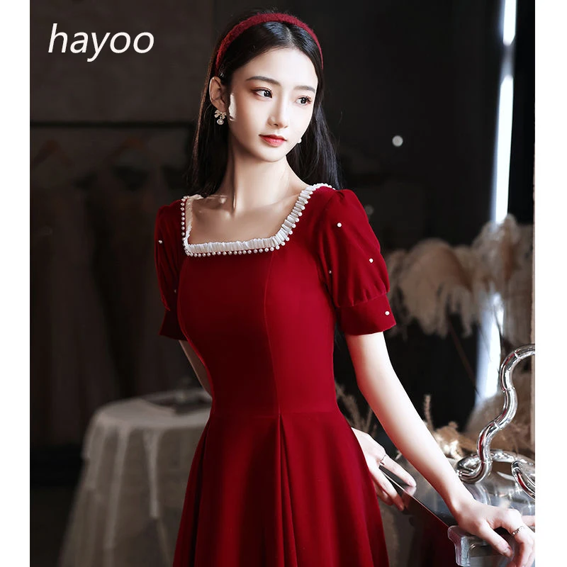 

New French Large size elegant dress women's red satin square collar embedded pearl dress for small people daily party dress
