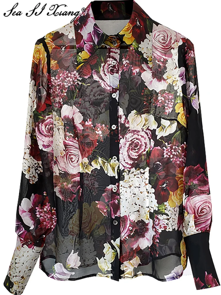 Seasixiang Fashion Designer Autumn 100% Silk Shirt Women Full Sleeve Colorful Flower Print Elegant Sicilian Ladies Shirt