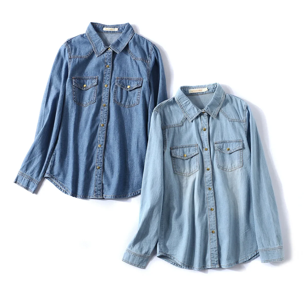 

Womens Spring Korean Simple Single Breasted Long Sleeved Denim Shirt Chest Pockets Collar Classic Blue Jean Blouses