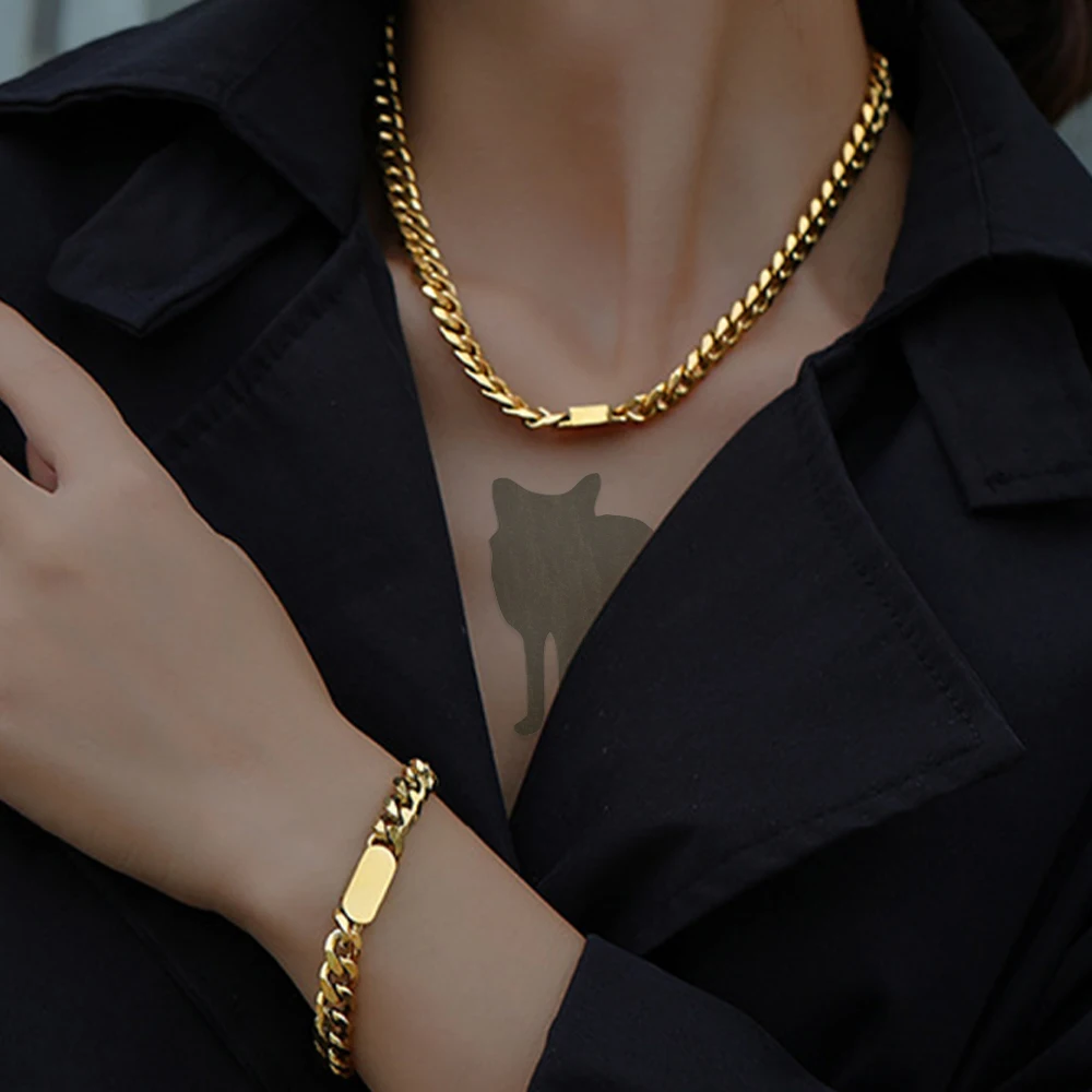 

Hip Hop Exaggerated Cuban Link Chain Neckalce Bracelet Set European and American Street Necklace Men's Ornament Stainless Steel
