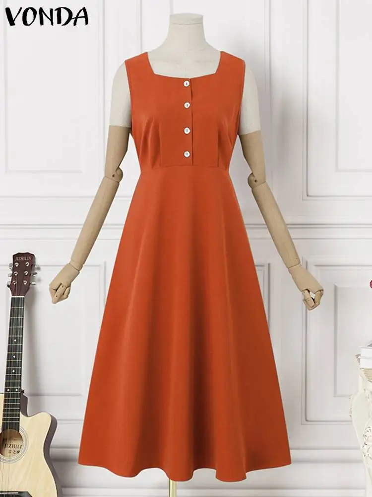 

Bohemian Dress 2023 VONDA Women Sexy Square Neck 3/4 Sleeve Solid Color Midi Dress Summer Party Vestidos Femme Robe Baggy