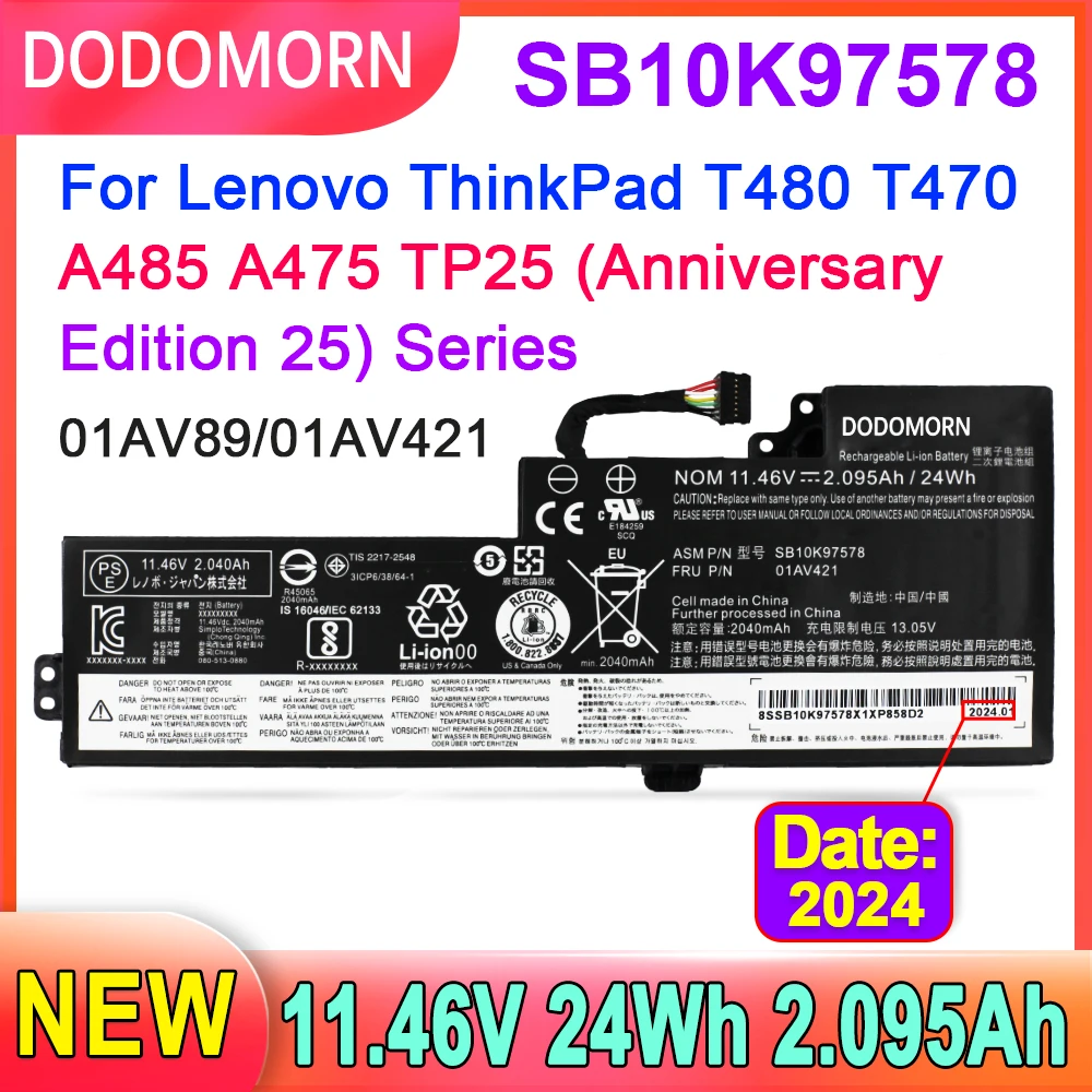 Аккумулятор DODOMORN SB10K97578 01AV421 для ноутбука Lenovo ThinkPad T480 T470 A485 A475 A285 TP25 Series 01AV420 01AV489