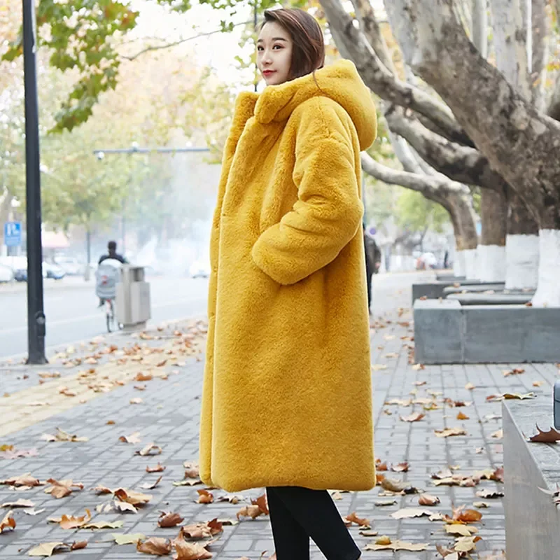 New2022 Winter Solid Plus Size Warm Long Rabbit Fur Coats Female Lapel Outerwear Brand Thick Jacket Women Faux Fur Coat