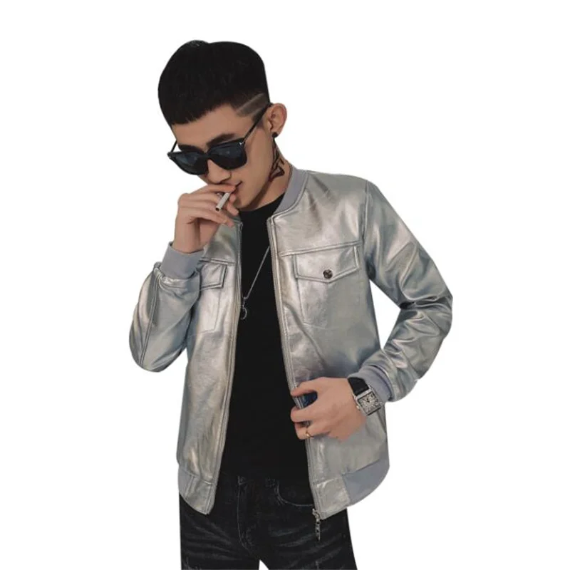 Glossy Silver motorcycle leather jacket men pu coat jaqueta de couro masculino motoqueiro chaqueta mens faux leather coats