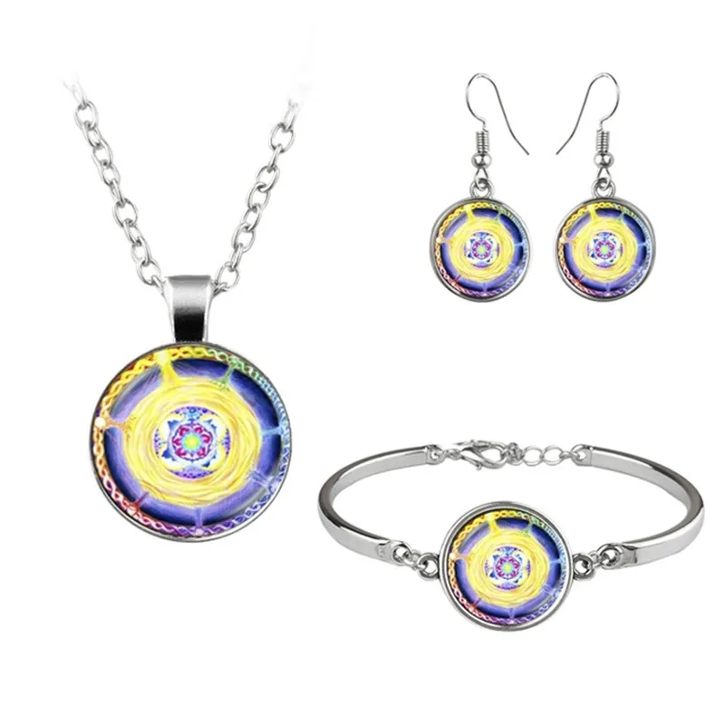 

LE Chakra Yoga Om Mandala Jewelry Set Cabochon Glass Pendant Necklace Earring Bracelet 4 Pcs Women's Unique Gifts
