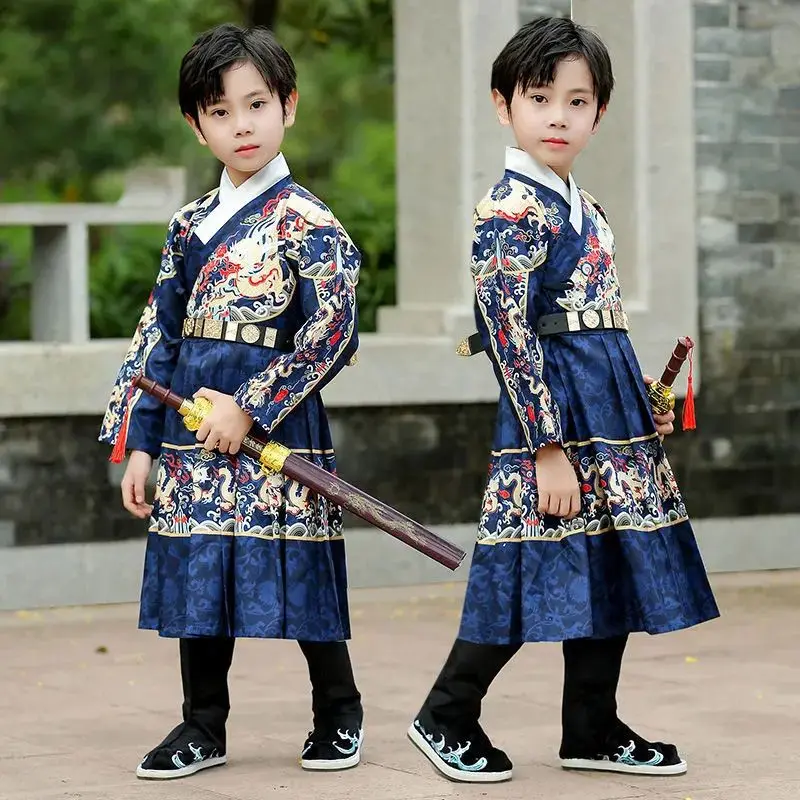 

2 Colors Original Ancient Chinese Style Swordsman Tang Suit for Children Ming Dynasty Vintage Boys Hanfu Robe Belt Sword Model