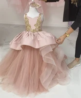 golden lace pink flower girl dresses for weddings satin oen back ball gown puffy long children kids party dress with bow knot