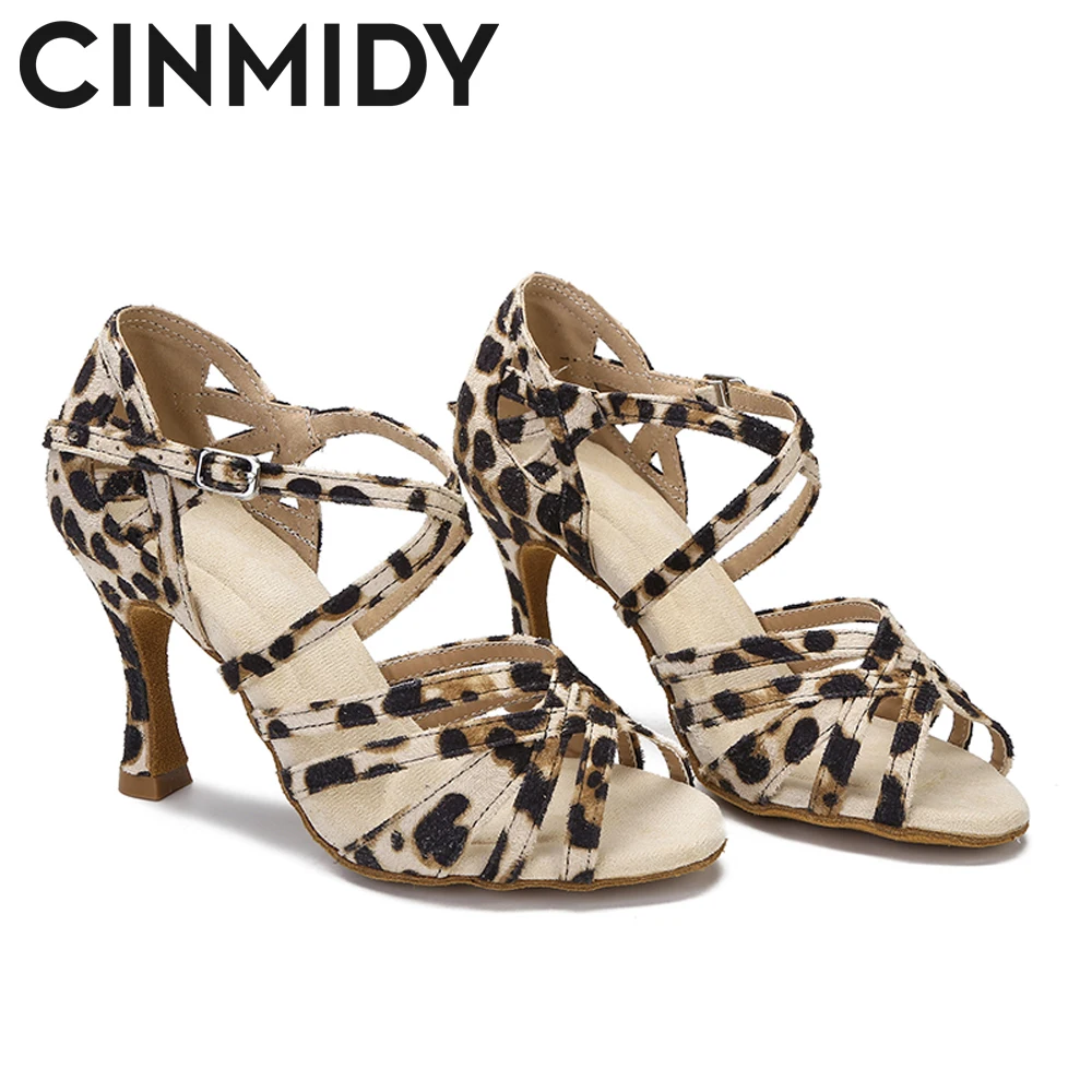 Женские туфли для латиноамериканских танцев CINMIDY с леопардовым принтом из шелка