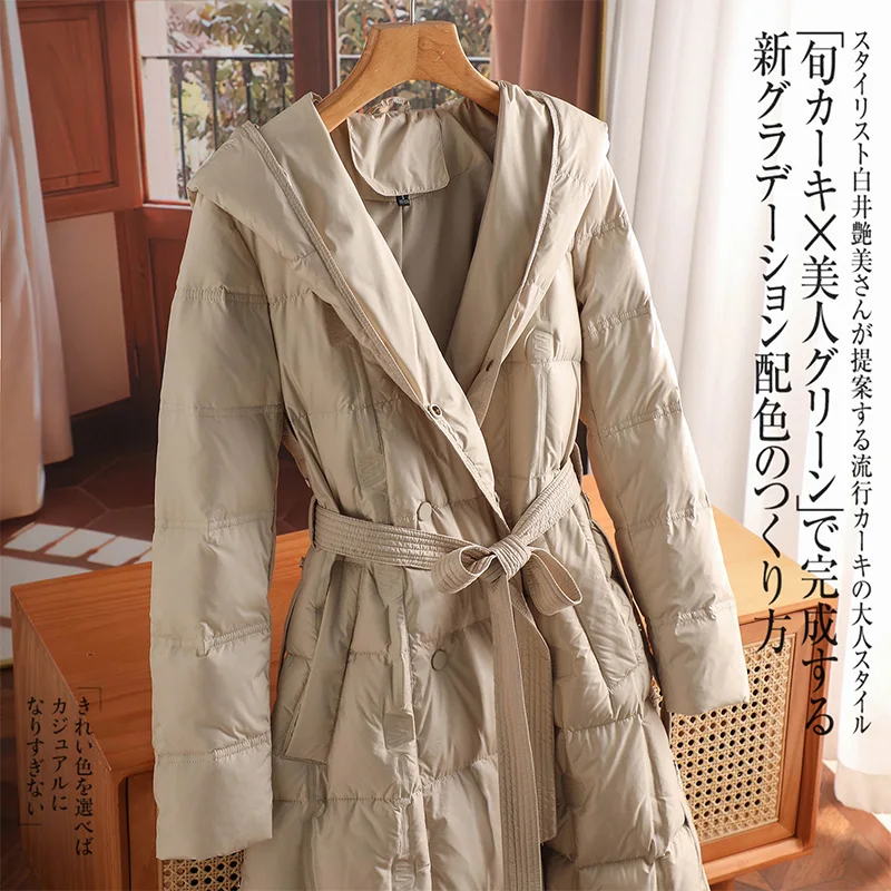 Fashion Design New Thin  Long  85%  White Duck Down Jacket Women  Luxury  Coats Women  Covered Button  Slim Hood