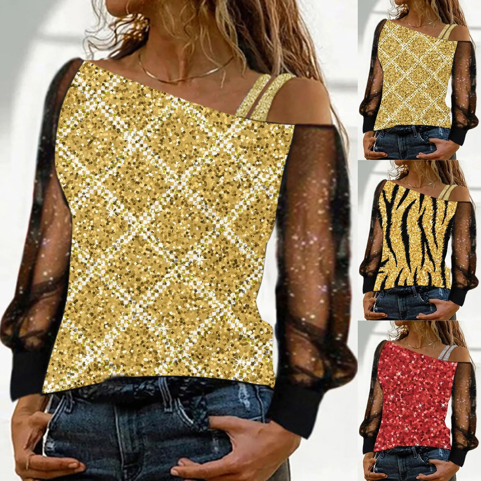 

Women Fashion Print Cold Shoulder T Shirt Mesh Long Sleeve Spliced Blouse Tops Sheer Mesh Rayon Blouse Women
