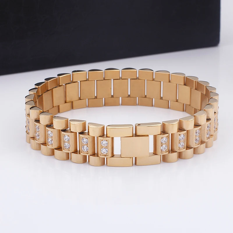 

Fashion Cuban Stainless Steel Rhinestone Chunky Chain Bracelet For Men Gold Black Color Jewelry