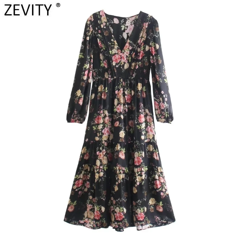

Zevity Women Elegant Floral Print Casual Slim Soft Satin Midi Dress Female Chic V Neck Press Pleated Patchwork Vestidos DS9103