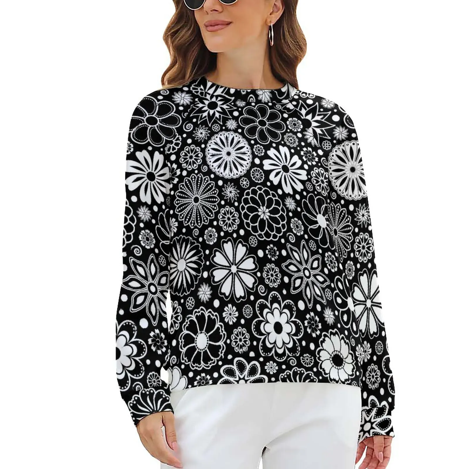 

Flower Power Casual Hoodies Autumn Black and White Floral Pretty Hoodie Long Sleeve Oversize Classic Graphic Sweatshirts