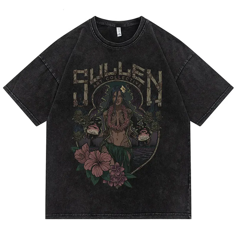 

2022 Summer Men Tshirt Hip Hop Streetwear Girl Portrait Graphic Vintage T-shirt Harajuku Cotton Washed Tops Short Sleeve TShirt