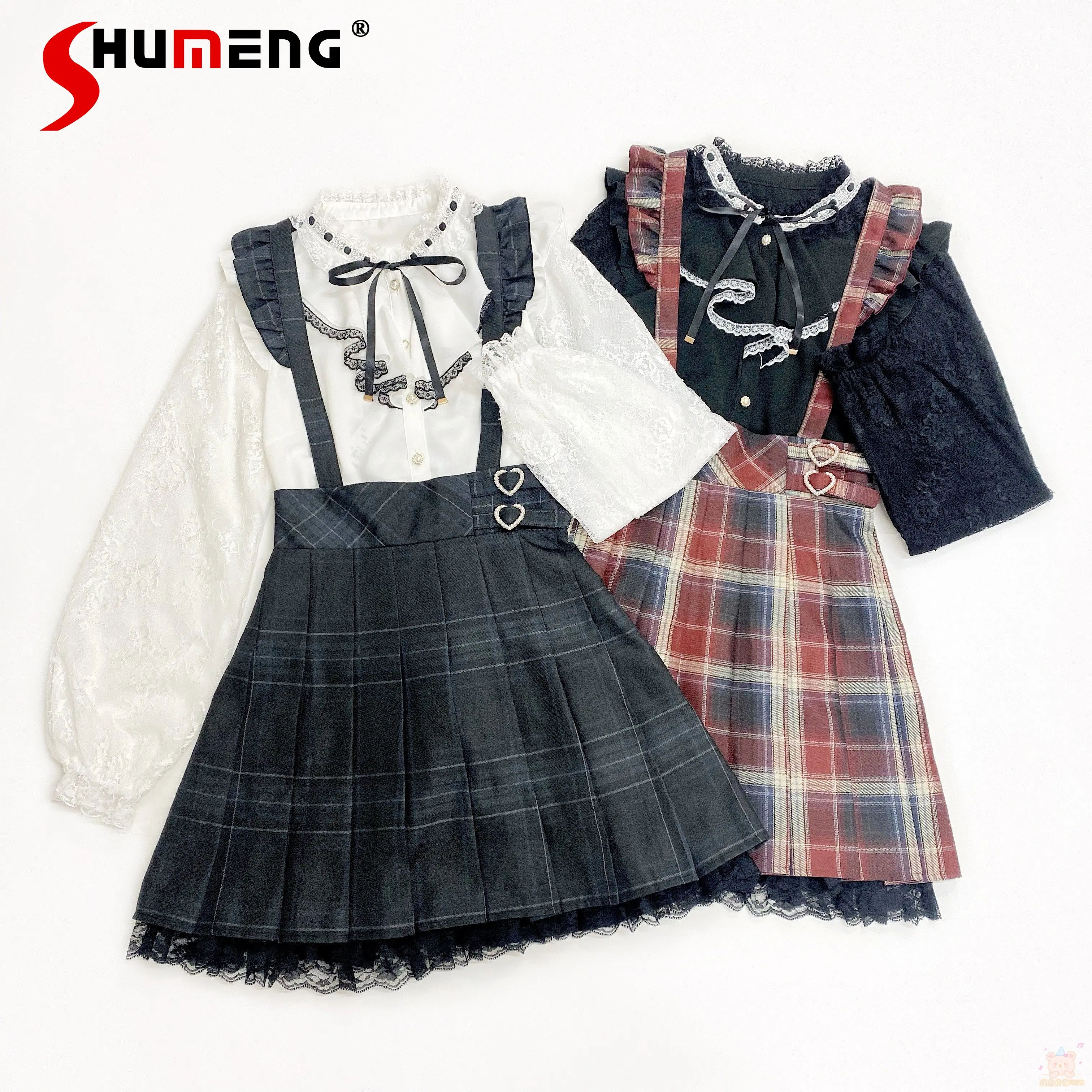 Japanese Style Wine Red Plaid Skirt 2023 Autumn New Sweet Style Love Plaid Uniform Detachable Strap Skirts for Student Female