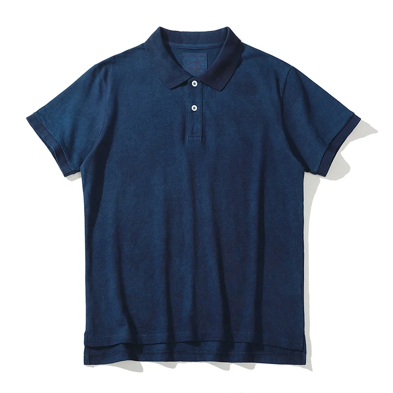 

Akkad Kuti Retro Plant Indigo Men's Polo Shirt 100% Cotton Blue Dyeing Loose Tshirt Male Summer Vintage Short Sleeve Casual Top