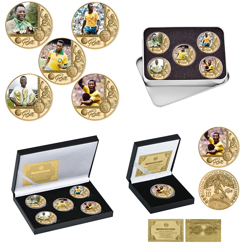 

5 Design Famous Brazil Football Soccer Man-Pele Gold Plated Commemorative Coins with Coin Holder Challenge Coins Souvenir Gifts