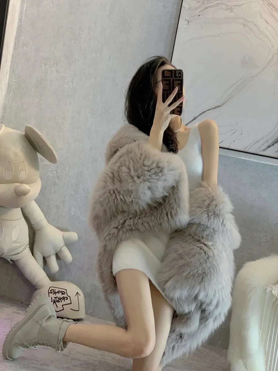 Winter New Hooded Environmental Protection Fox Fur Fur Coat for Women Loose Internet Hot Slimming Faux Mink Fur Coat luxury