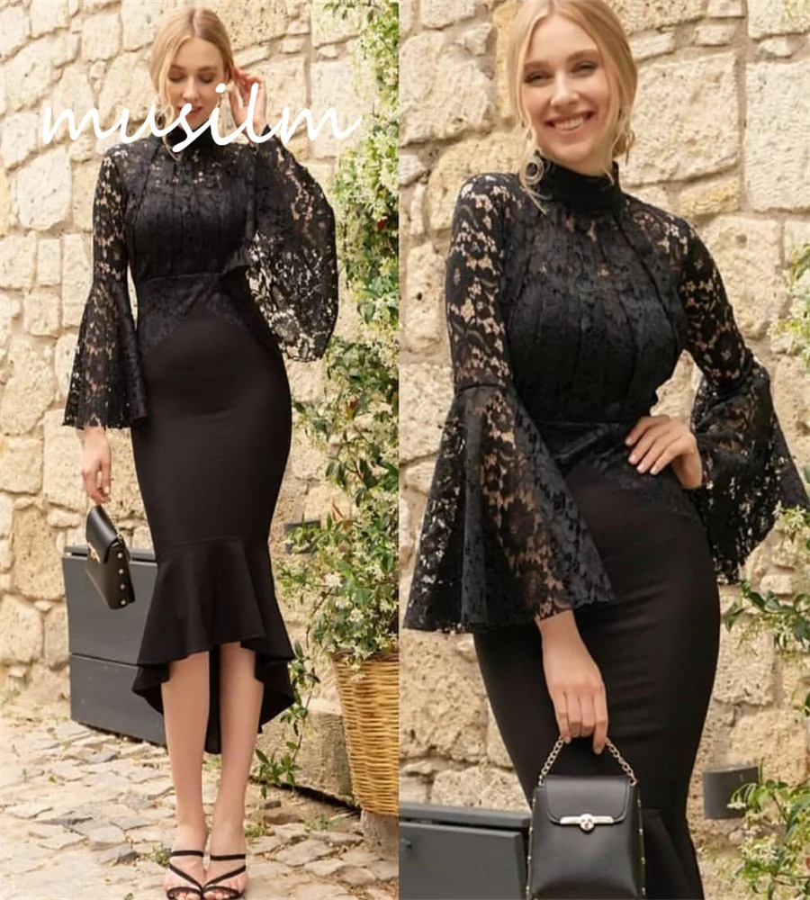 

Chic Black Lace Midi Evening Dress 2023 Mermaid Long Sleeve Short Prom Dresses Elegant Women Cocktail Dinner Party Skirt Sexy