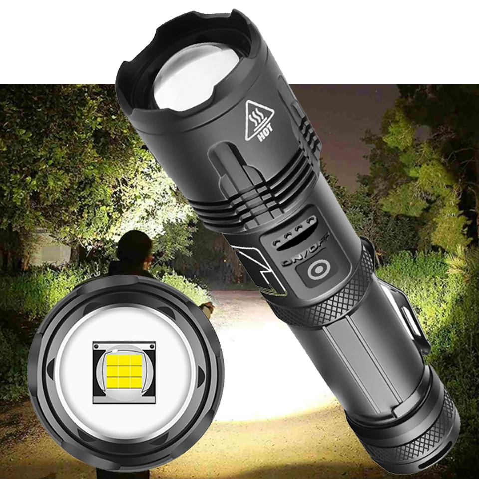  XHP100 High Quality 9-core Led Flashlight Zoomable Torch Usb Rechargeable 18650 Or 26650 Battery Power Bank Function Lantern images - 6