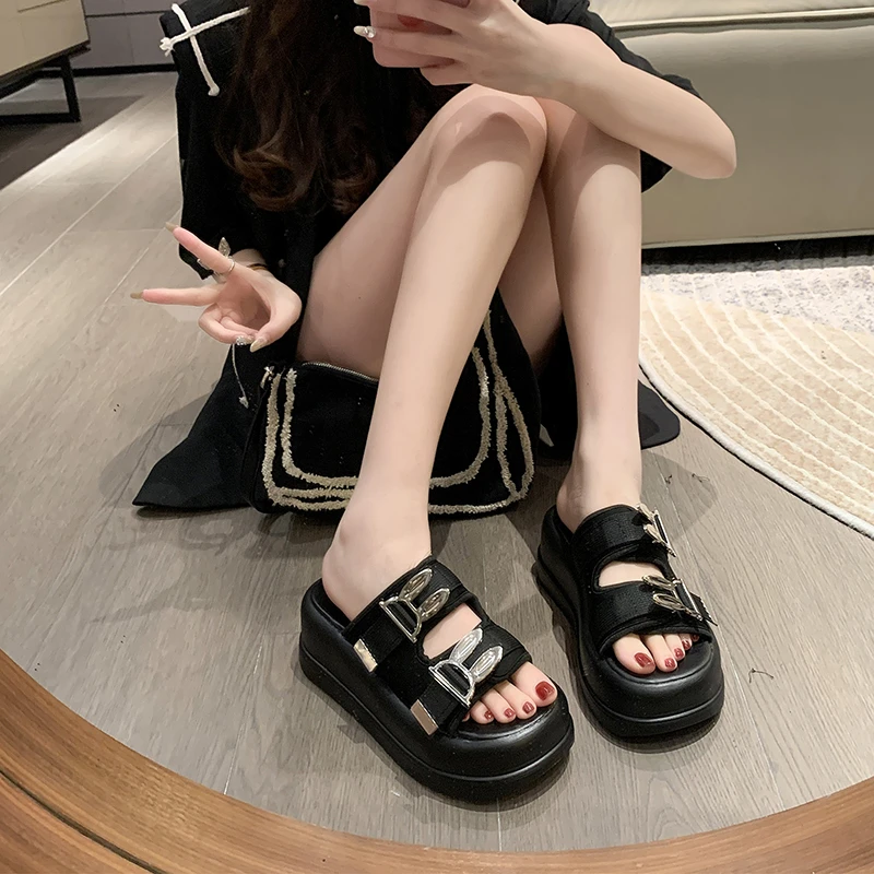 Summer Women Chunky Slippers Luxury Slip-on 6.5CM Wedge Flip Flops Outside High Platform Sandals White Beach Casual Slides Woman