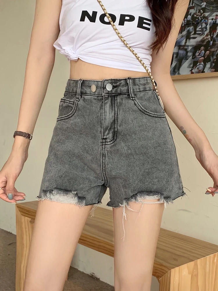 New Summer Women Hole Frayed Retro Denim Shorts Streetwear Female High Waist Button Wide Leg Jeans Shorts Bottoms